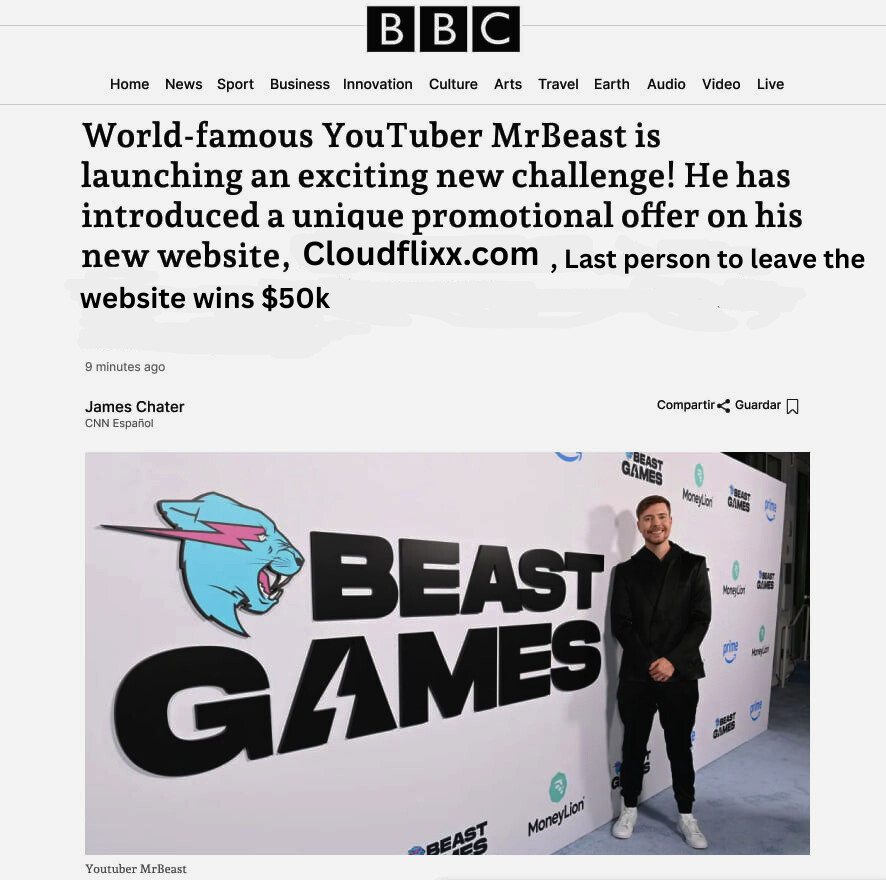 Screenshot of BBC News article about MrBeast's new challenge announcement